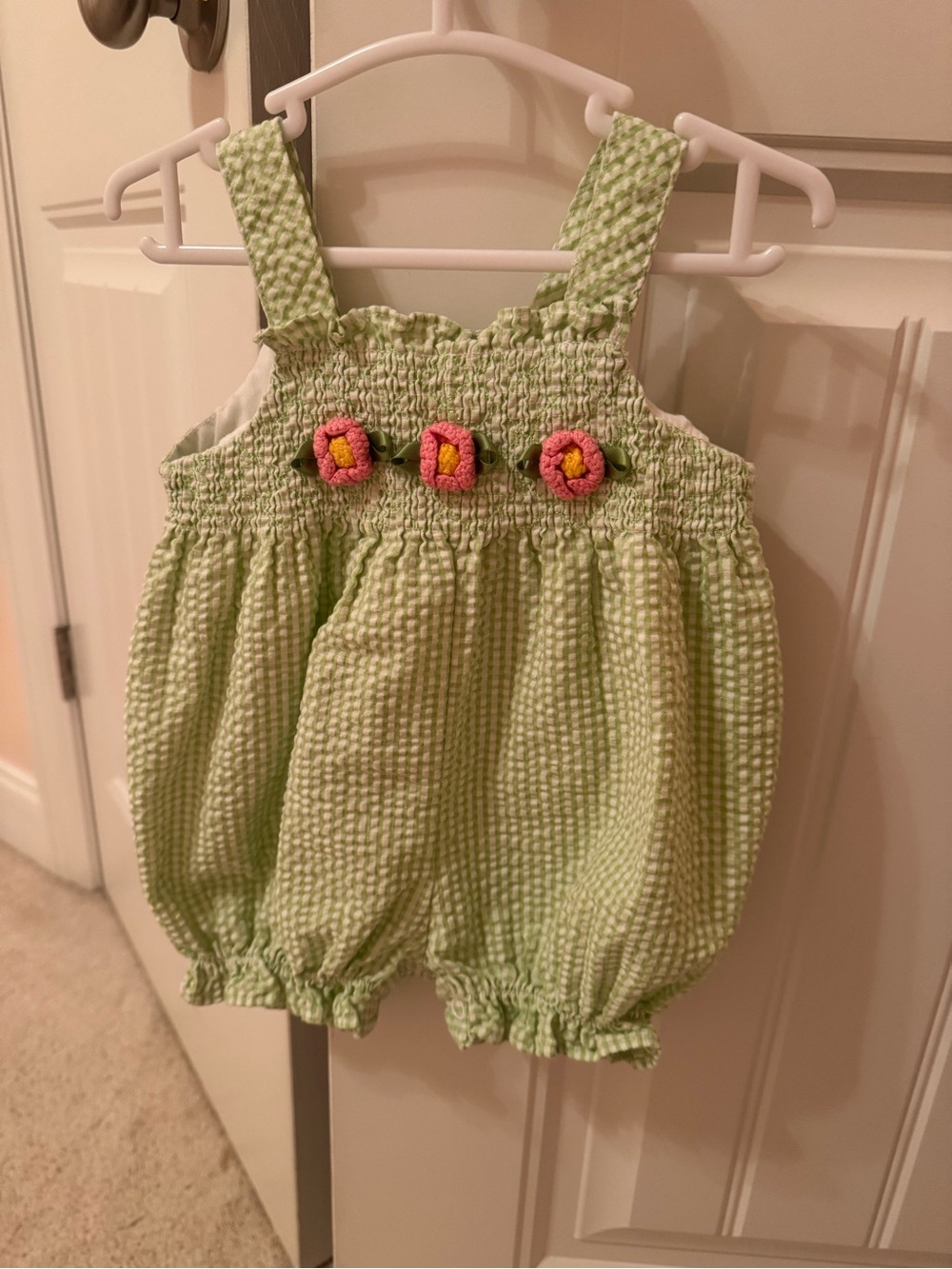 Light Green Seersucker Baby Bubble Romper with Pink Flower Accents